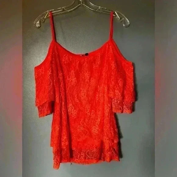 Salmon Colored Lace-Over Blouse Peekaboo Shoulders and Spaghetti Straps - Picture 3 of 4